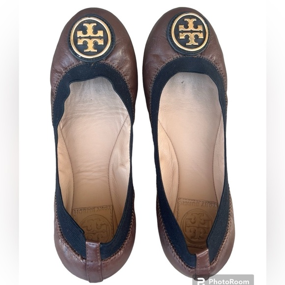Tory Burch Caroline black and brown leather logo ballet flat shoes size 6.5 - Picture 10 of 14